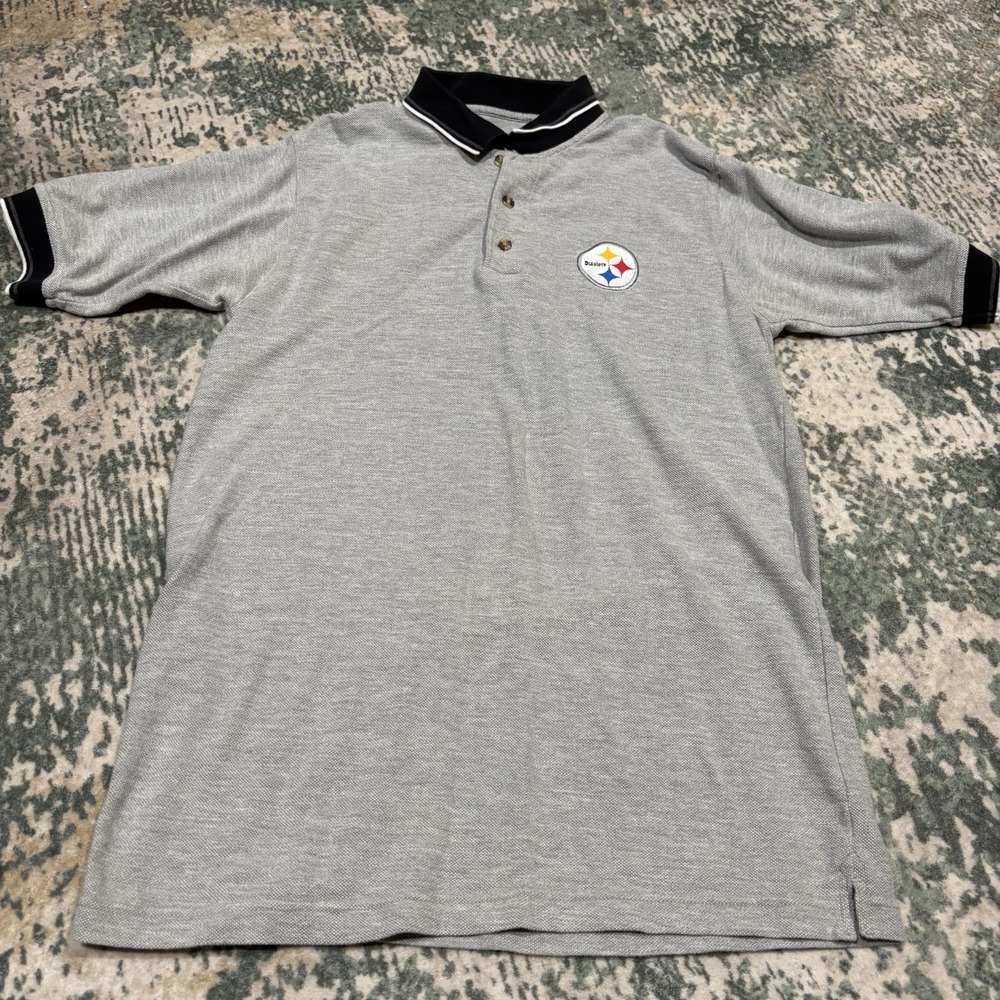 Vintage Pittsburgh Steelers NFL Polo Shirt Mens Medium Gray Embroidered